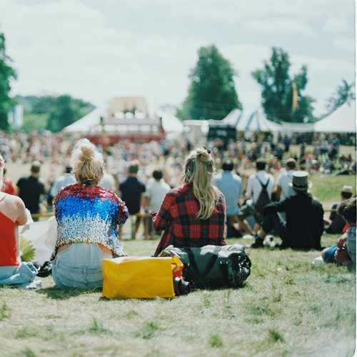 People sitting on grass watching music festival